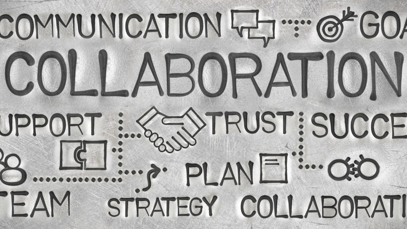 A collage of words and icons related to the word collaboration.
