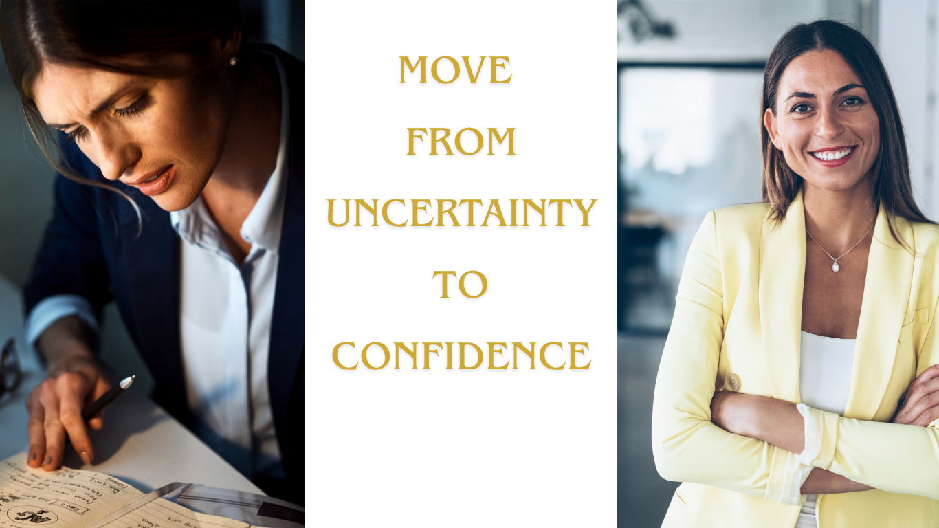 Side-by-side images show a businesswoman looking concerned while reviewing notes and a confident businesswoman smiling with her arms crossed, with the words “Move From Uncertainty to Confidence” between them.